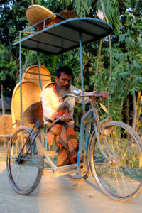 Man pushes his tricycles, carrying bamboo baskets, on a path surrounded by fields.