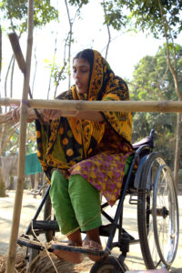 Woman in a wheelchair cuts hay on an upside down sickle mounted on bamboo structure.
